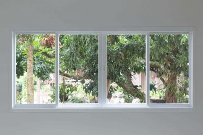 Four symmetrical windows overlooking a group of fully grown trees