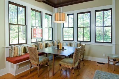 Six symmetrical windows surrounding a kitchen table