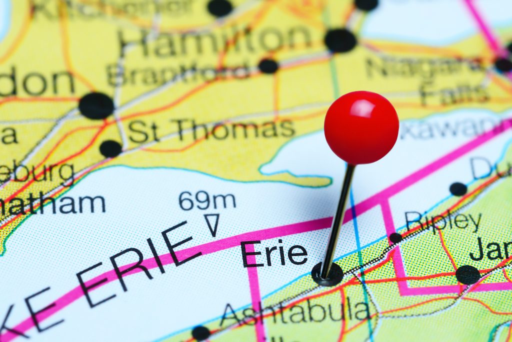 Erie, PA, pinned on a map